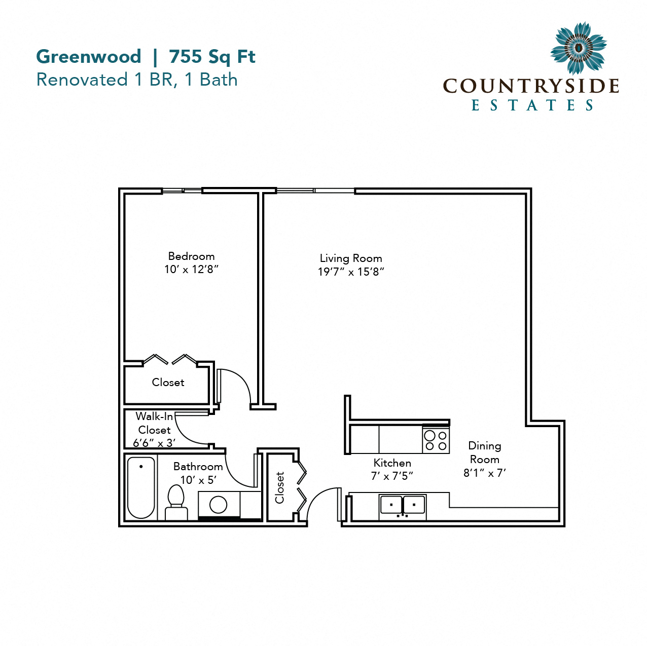 Floor plan for 1 bed, 1 bath, 755 sqft